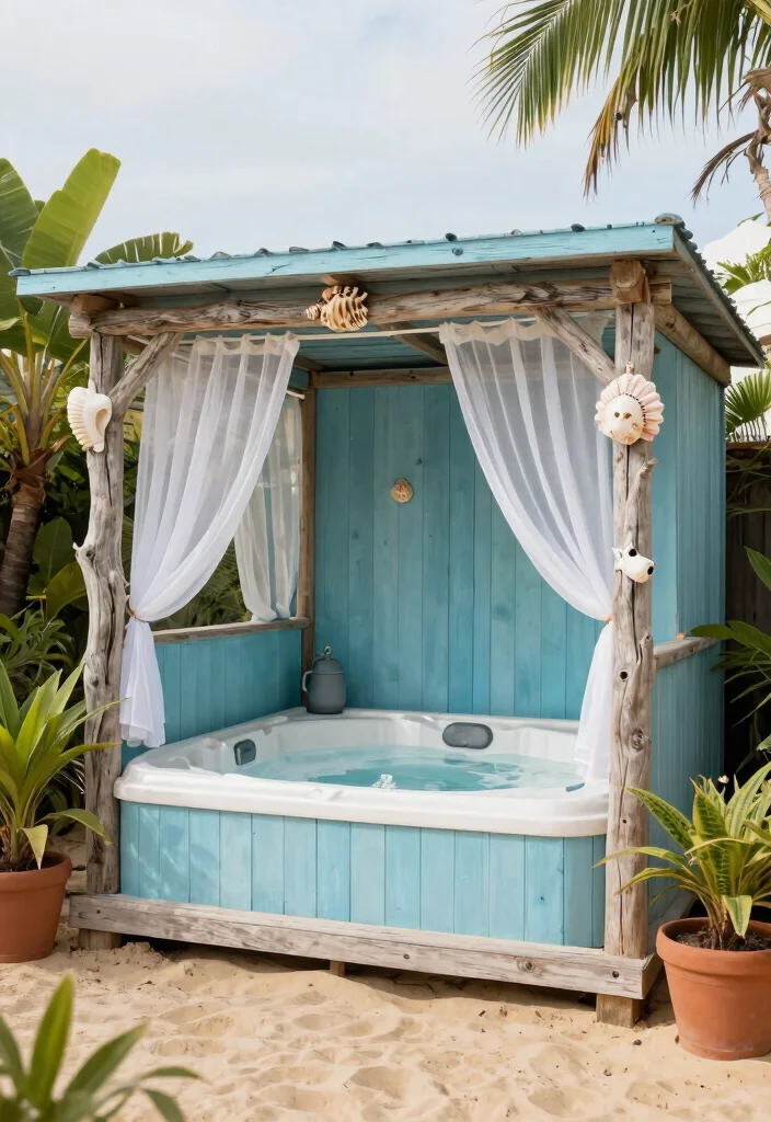 15 Cozy Hot Tub Hut Ideas for Year Round Soaking 5. Beach Style Hut 0