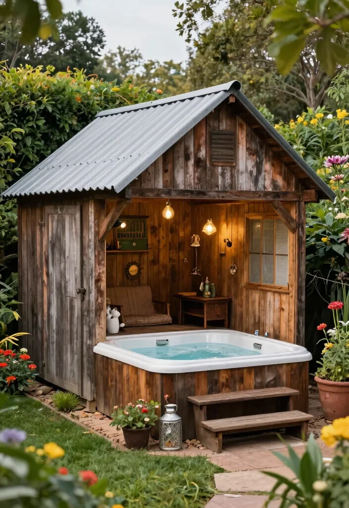 15 Cozy Hot Tub Hut Ideas for Year Round Soaking 6. Vintage Barn Retreat 0