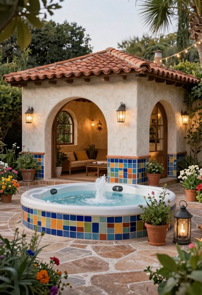 15 Cozy Hot Tub Hut Ideas for Year Round Soaking 8. Mediterranean Oasis 0