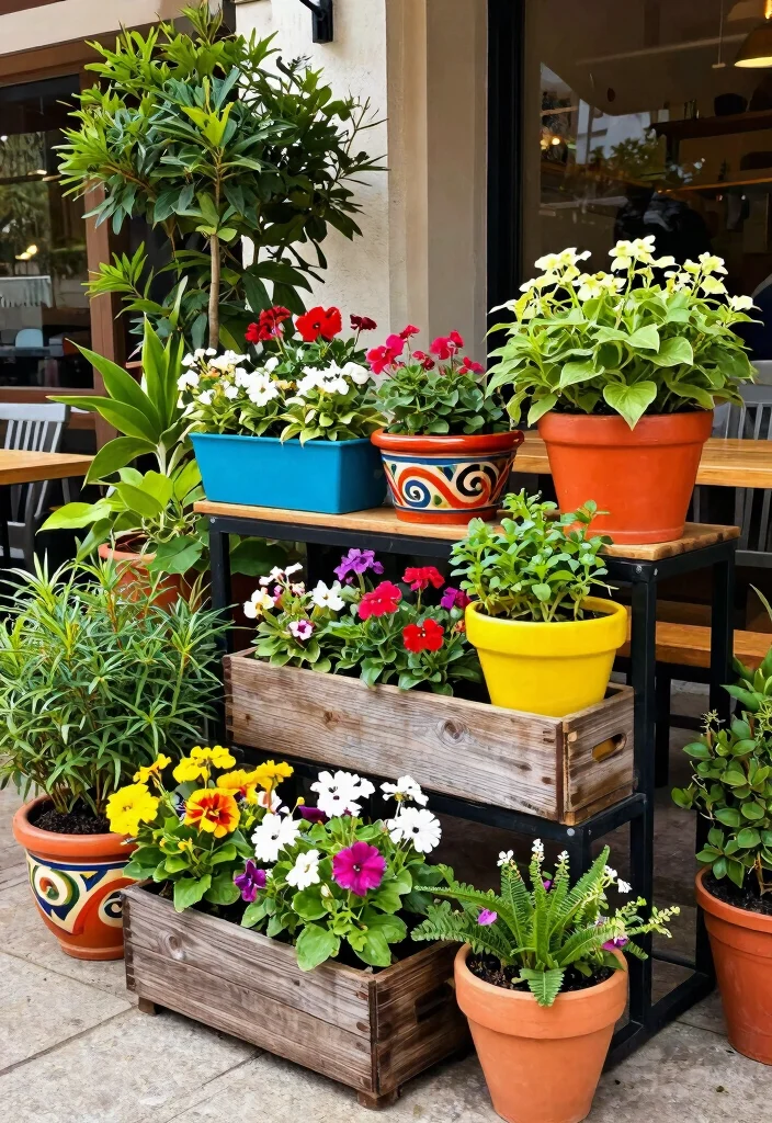 15 Dreamy Cafe Terrace Decor Inspiration European Style 7. Colorful Planters 0