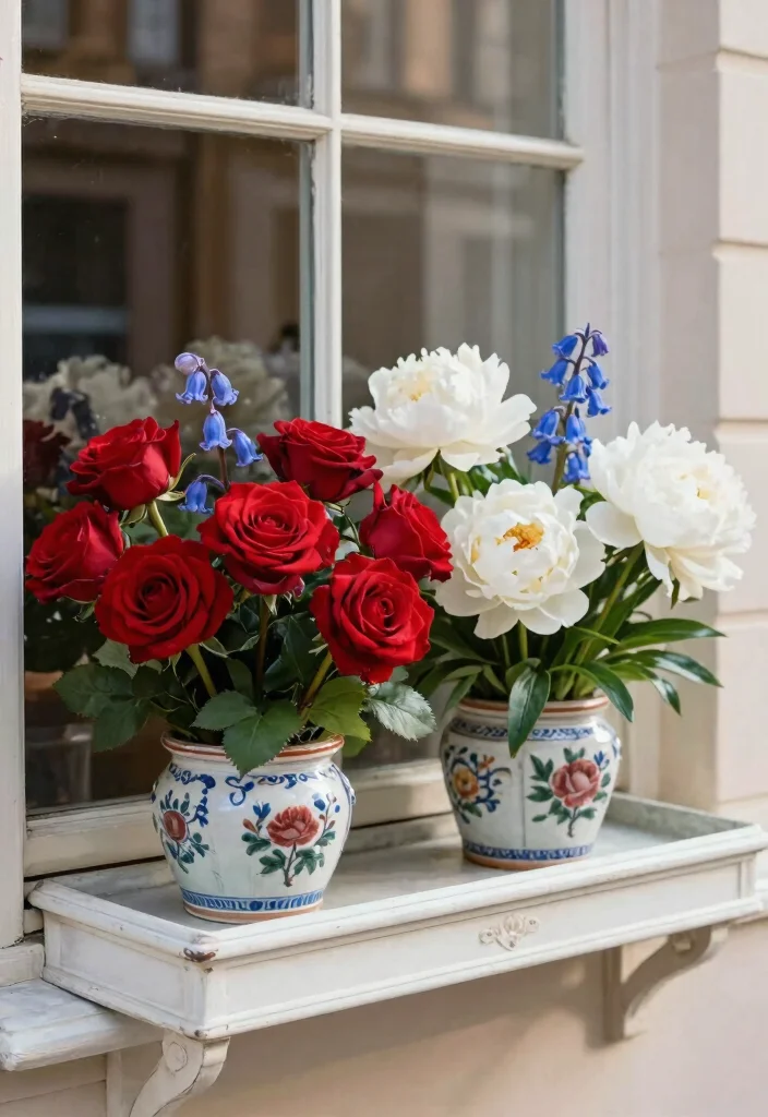 15 Festive Patriotic Window Box Ideas for 4th of July 14. Vintage Vibes with Porcelain Pots 0
