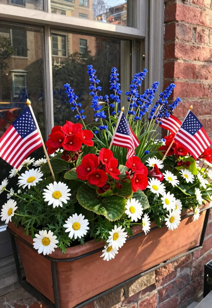 15 Festive Patriotic Window Box Ideas for 4th of July 8. Potted American Flags 0