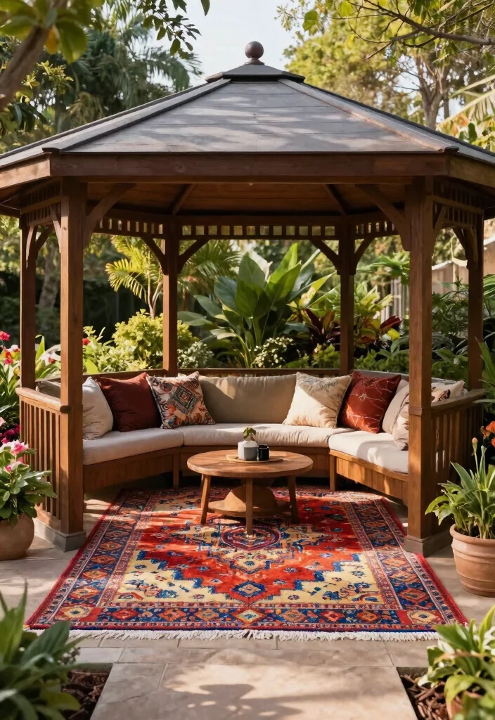 15 Stunning Hexagon Gazebo Ideas for Eco-Friendly Backyards 6 15 Stunning Hexagon Gazebo Ideas for Eco Friendly Backyards 6. Stylish Outdoor Rugs 0