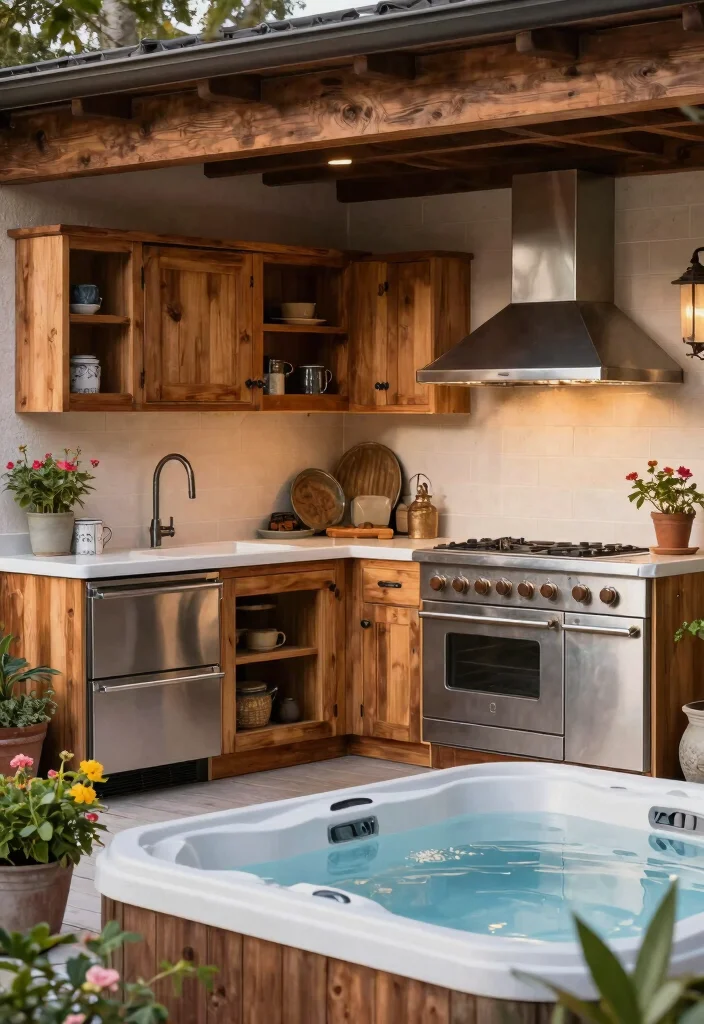 15 Ultimate Outdoor Kitchen and Hot Tub Ideas for Luxury Outdoor Living 6. Modern Farmhouse Fusion 0
