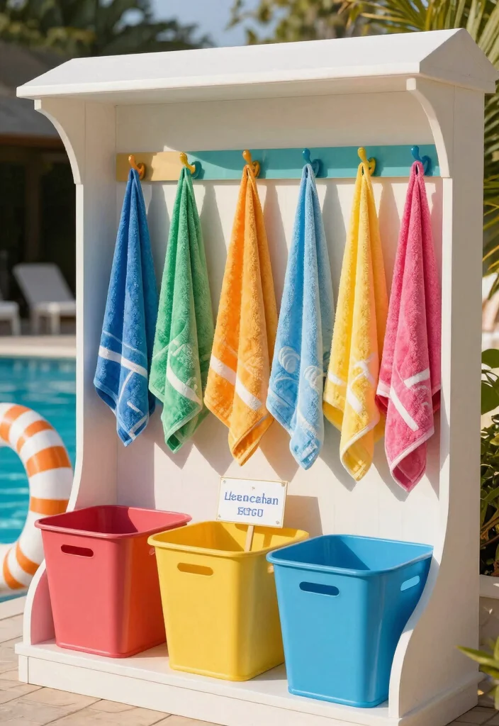 17 Genius Cheap Ways to Decorate Above Ground Pool 12. Themed Towel Station 0