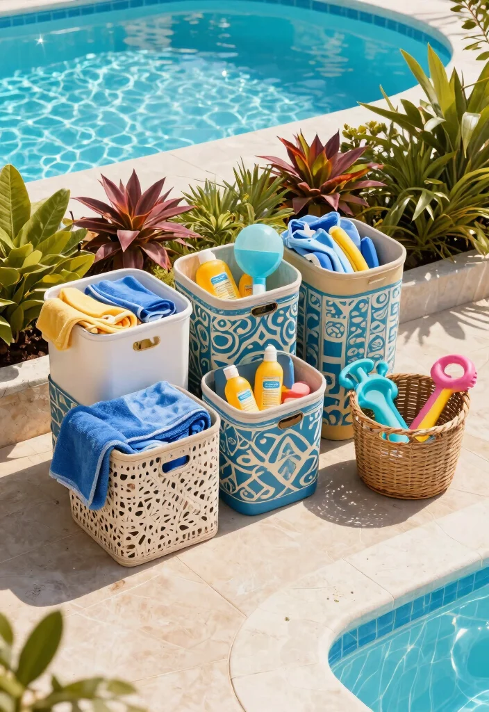 17 Genius Cheap Ways to Decorate Above Ground Pool 17. Poolside Storage Solutions 0