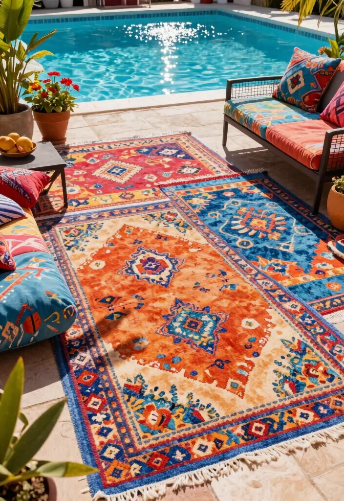 17 Genius Cheap Ways to Decorate Above Ground Pool 2. Colorful Poolside Rugs 0