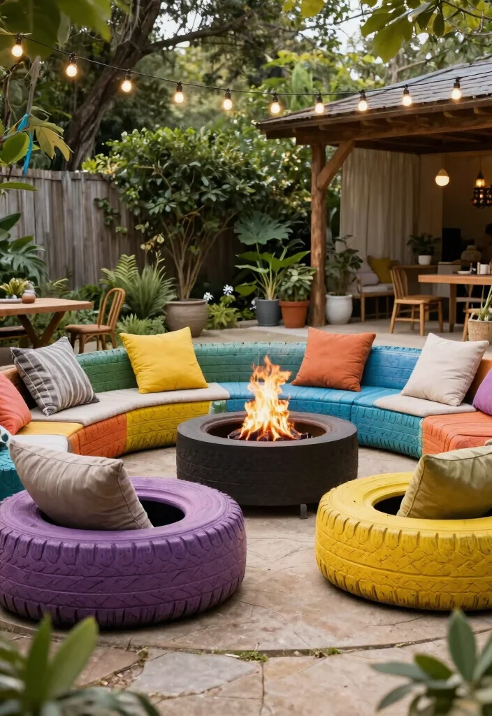 21 Comfortable Fire Pit Furniture Ideas for Lounging 10. Upcycled Tire Seats 0