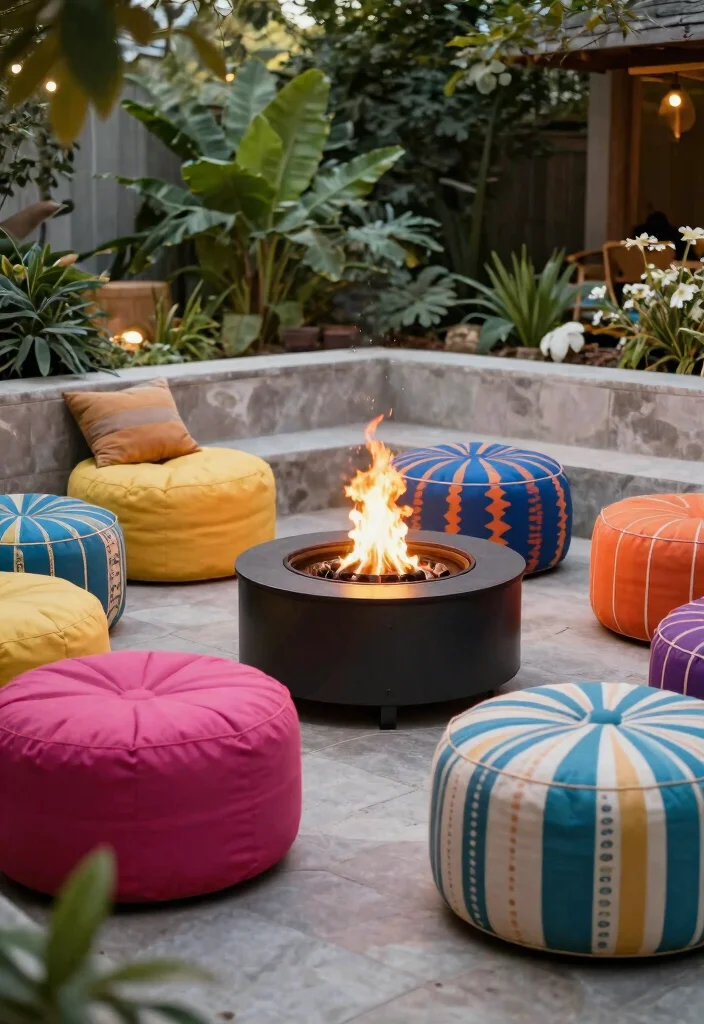21 Comfortable Fire Pit Furniture Ideas for Lounging 17. Colorful Poufs 0