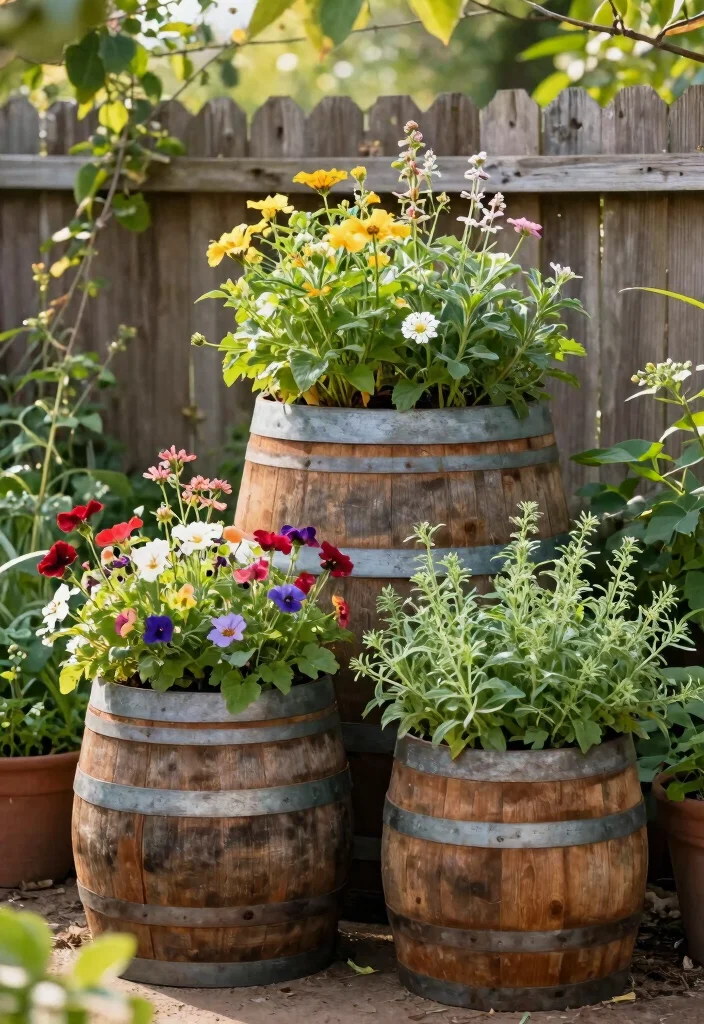 21 Most Stylish Outdoor Planter Ideas for Modern Yards 9. Upcycled Barrel Planters 0