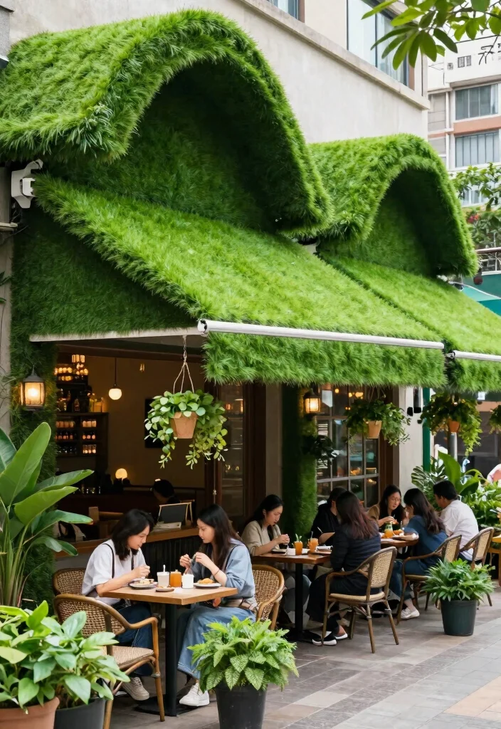 21 Stylish Restaurant Awning Ideas for Patio Dining 17 21 Stylish Restaurant Awning Ideas for Patio Dining 17. Faux Grass Awnings for Eco Friendly Vibes 0