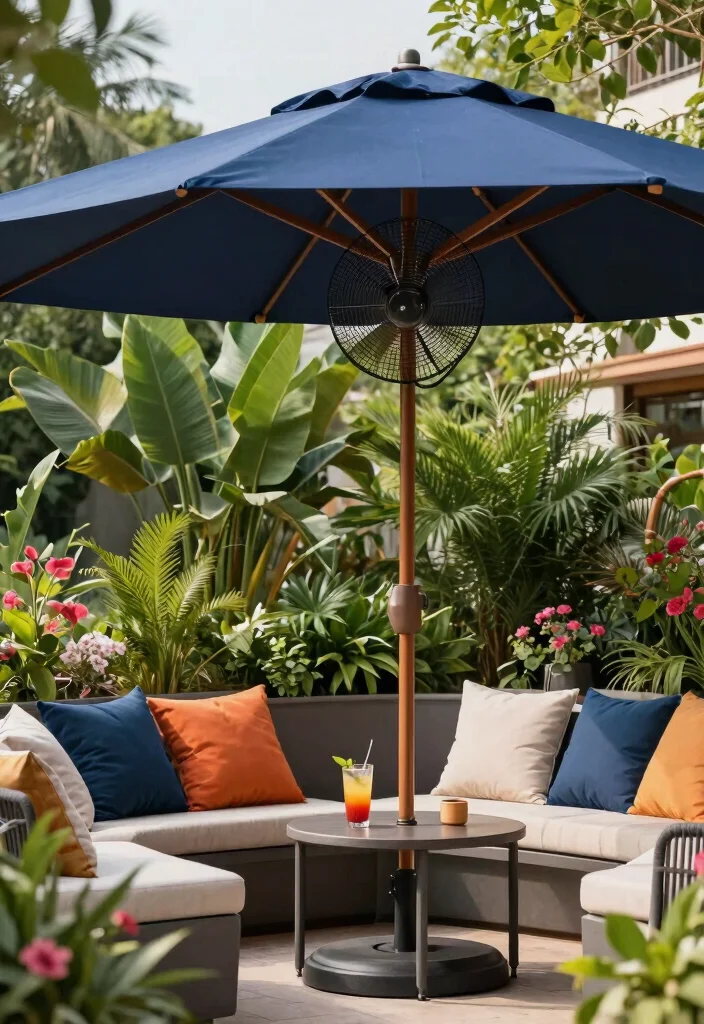 7 Cool Patio Decor Ideas with Fans for Hot Summer Days 4. Chic Patio Umbrellas with Built In Fans 0