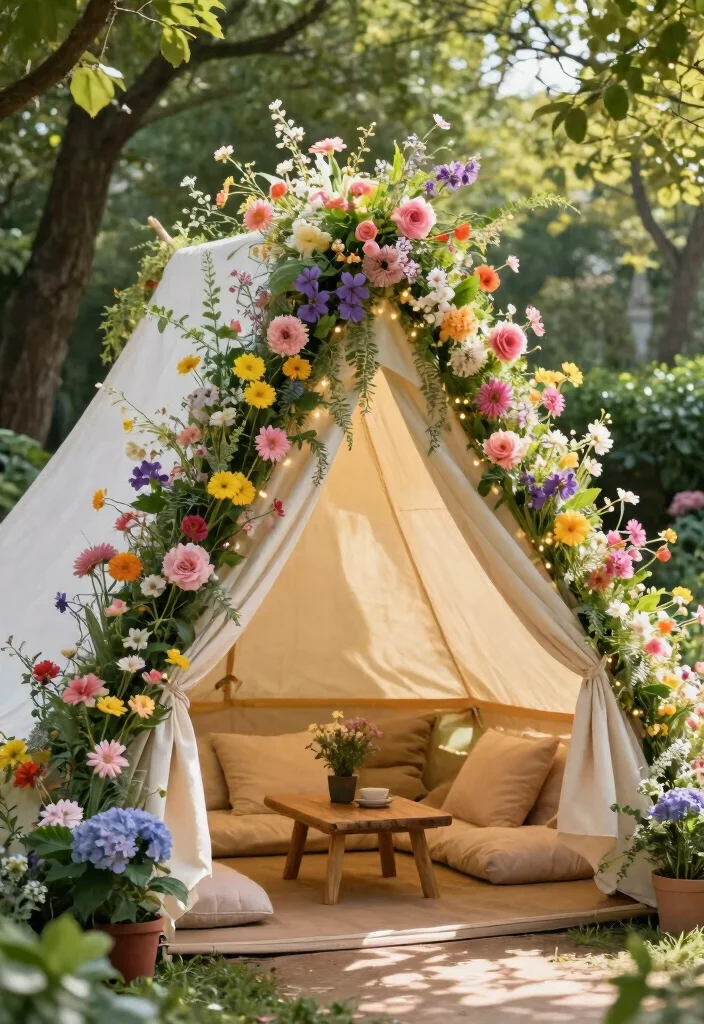 7 Cozy Bell Tent Awning Ideas for Glamping Setups 1 7 Cozy Bell Tent Awning Ideas for Glamping Setups 1. Whimsical Floral Awning 0
