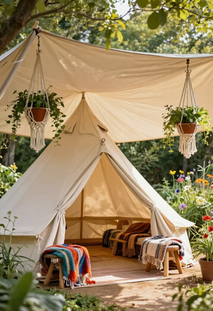 7 Cozy Bell Tent Awning Ideas for Glamping Setups 2 7 Cozy Bell Tent Awning Ideas for Glamping Setups 2. Rustic Bohemian Vibes 0