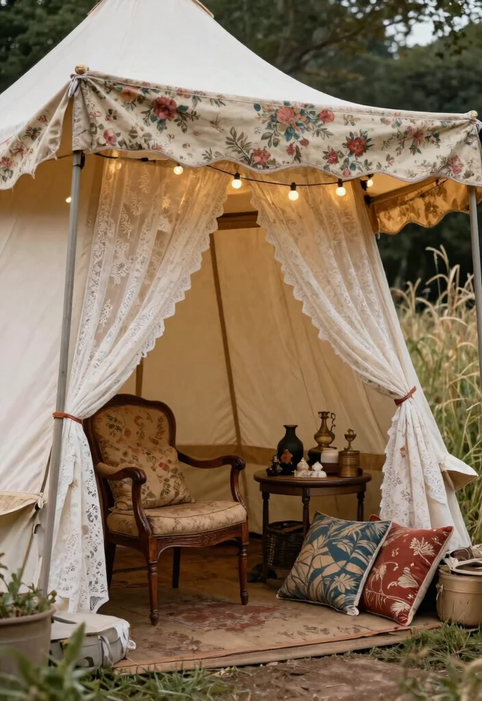 7 Cozy Bell Tent Awning Ideas for Glamping Setups 4 7 Cozy Bell Tent Awning Ideas for Glamping Setups 4. Cozy Vintage Retreat 0
