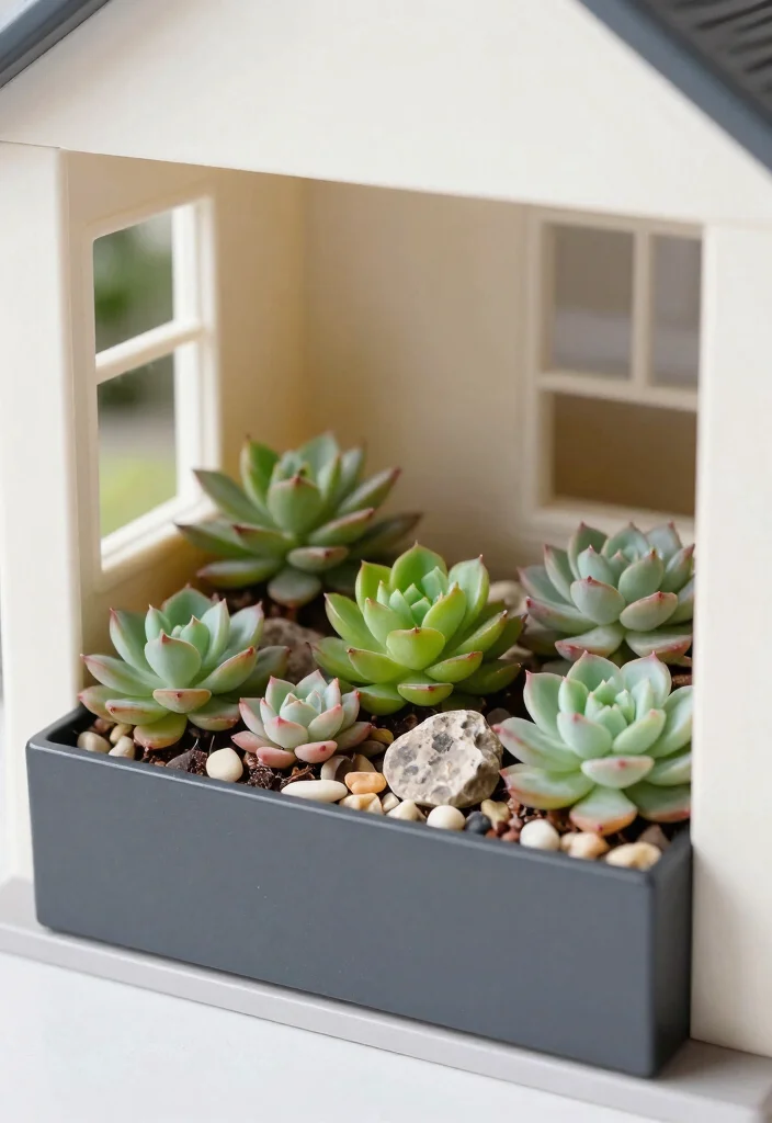 7 Cute Dollhouse Window Box Ideas for Miniatures 7. Elegant Succulent Garden 0