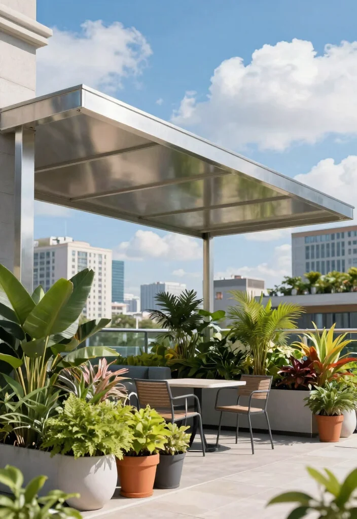 7 Edgy Industrial Awning Ideas for Urban Gardening 1. Sleek Metal Canopy Awning 0