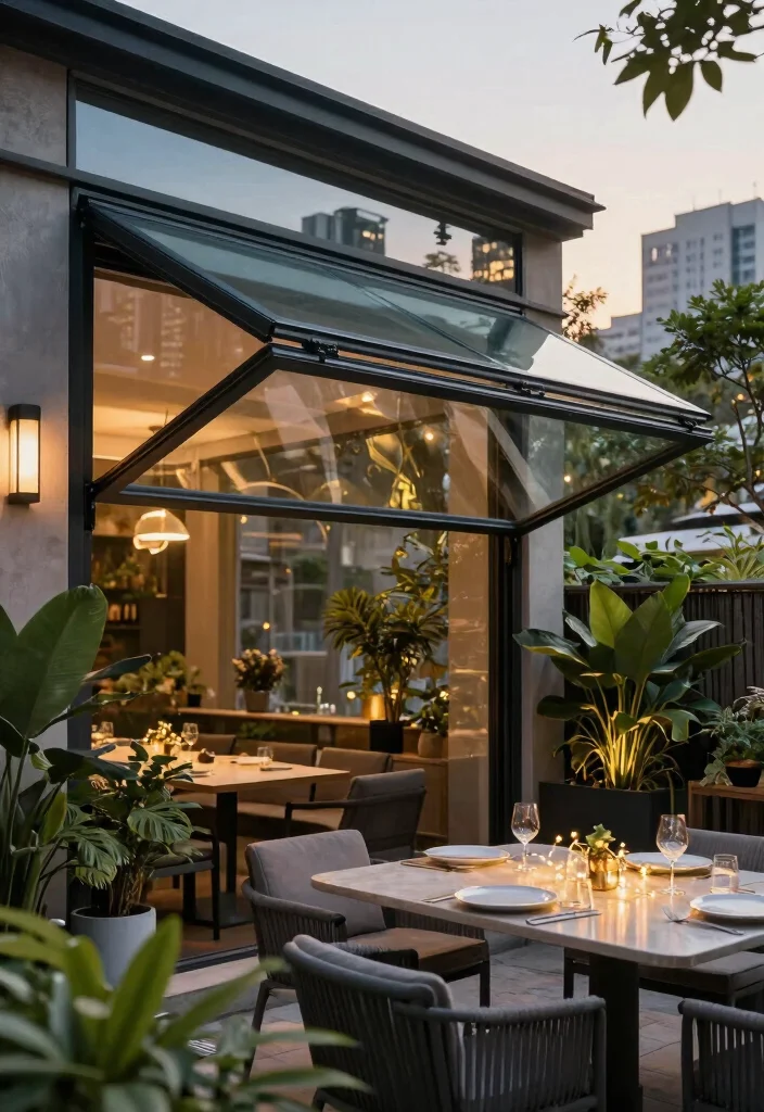 7 Edgy Industrial Awning Ideas for Urban Gardening 2. Retractable Glass Roof Awning 0