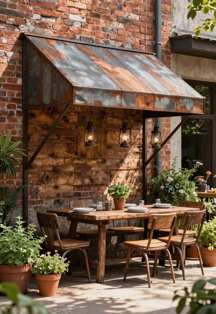 7 Edgy Industrial Awning Ideas for Urban Gardening 3. Vintage Industrial Style Awning 0