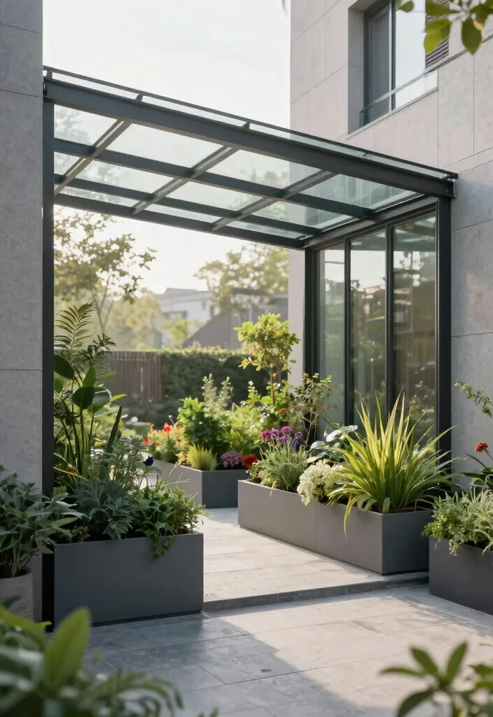 7 Edgy Industrial Awning Ideas for Urban Gardening 4. Minimalist Glass Panel Awning 0