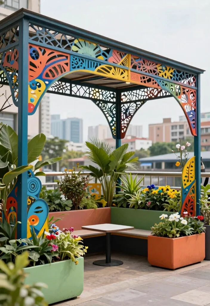 7 Edgy Industrial Awning Ideas for Urban Gardening 5. Artistic Metal Awning 0