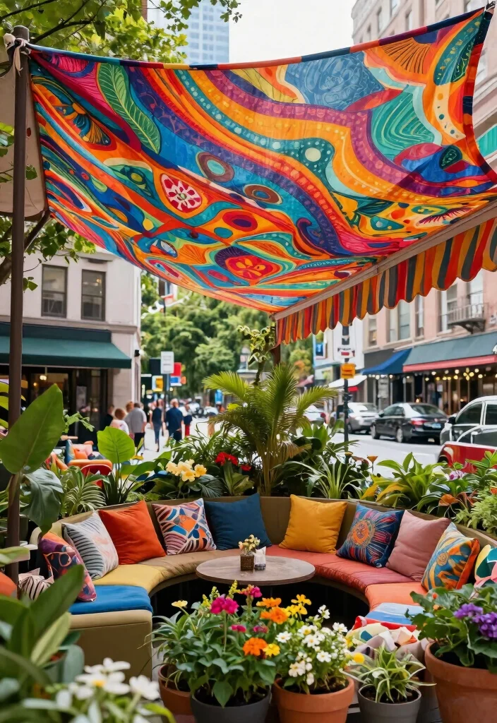 7 Edgy Industrial Awning Ideas for Urban Gardening 7. Colorful Fabric Awning 0