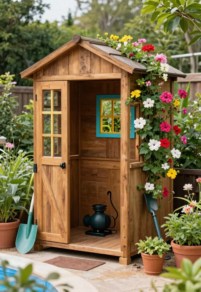 7 Quiet Above Ground Pool Pump Ideas to Hide Equipment 5. Faux Garden Shed 0