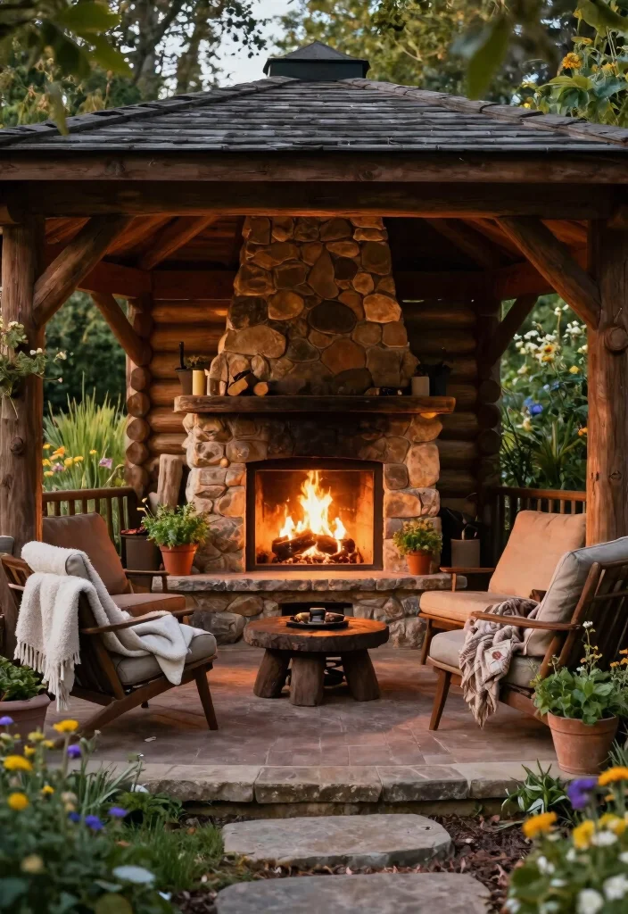 7 Rustic Log Gazebo Ideas for Cabin Backyards 5. Cozy Log Gazebo with Fireplace 0