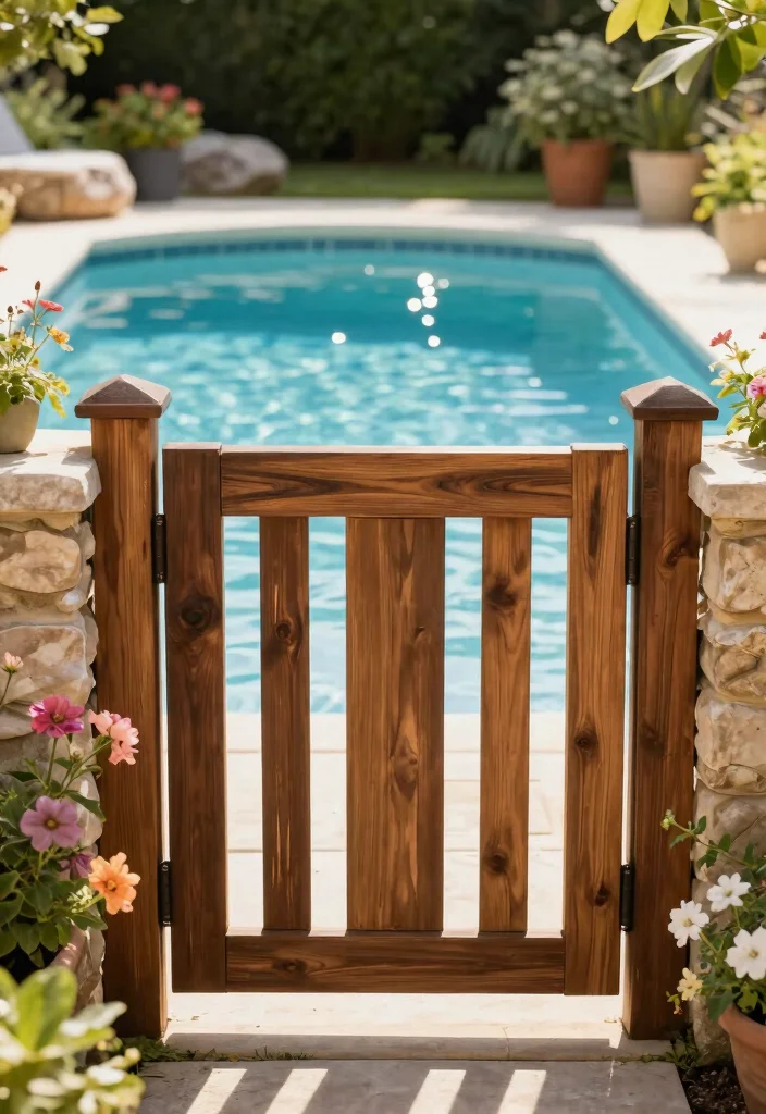 7 Safe Above Ground Pool Gate Ideas for Kids and Pets 1. Stylish Wooden Slat Gate 0