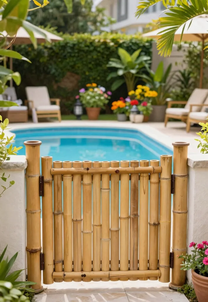 7 Safe Above Ground Pool Gate Ideas for Kids and Pets 5. Decorative Bamboo Gate 0