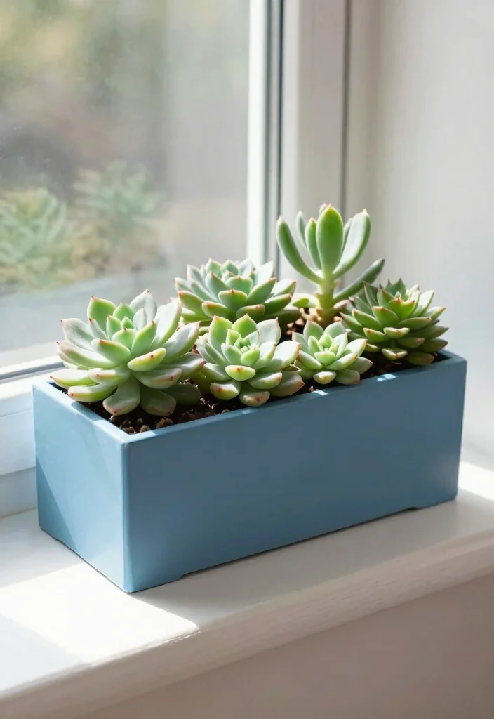 9 Charming Blue Window Box Ideas for Cottage Homes 8. Minimalistic Succulents 0