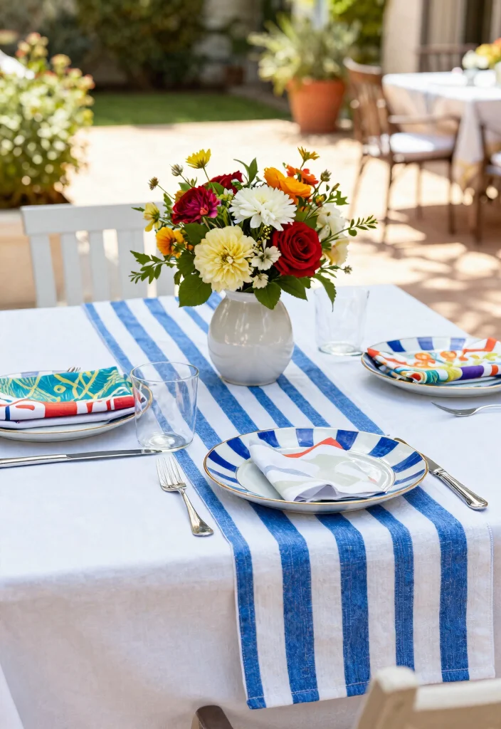9 Classic Striped Patio Decor Ideas for a French Riviera Vibe 2. Striped Tableware for Dining Elegance 0