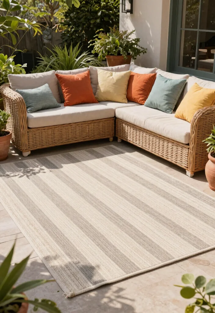 9 Classic Striped Patio Decor Ideas for a French Riviera Vibe 3. Striped Outdoor Rugs for Grounded Style 0