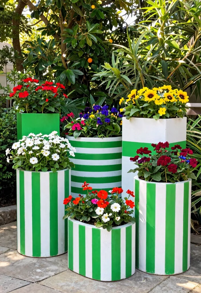 9 Classic Striped Patio Decor Ideas for a French Riviera Vibe 5. Striped Planters for a Pop of Color 0