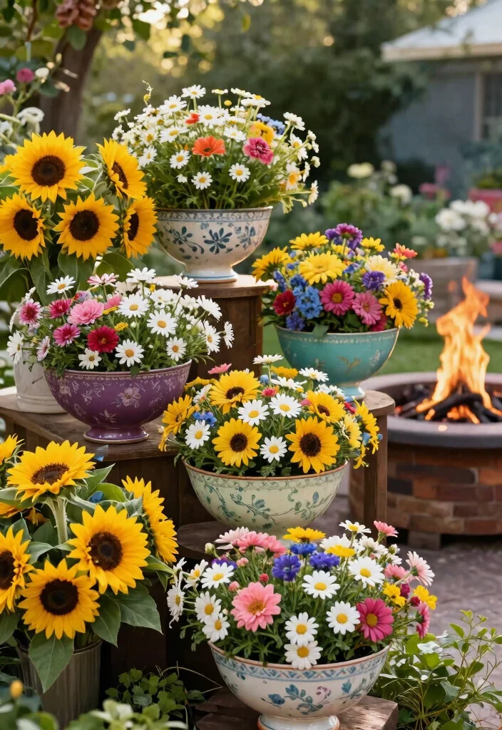 9 Clever Fire Pit Planter Ideas to Upcycle Old Bowls 3. Vintage Bowl Flower Display 0