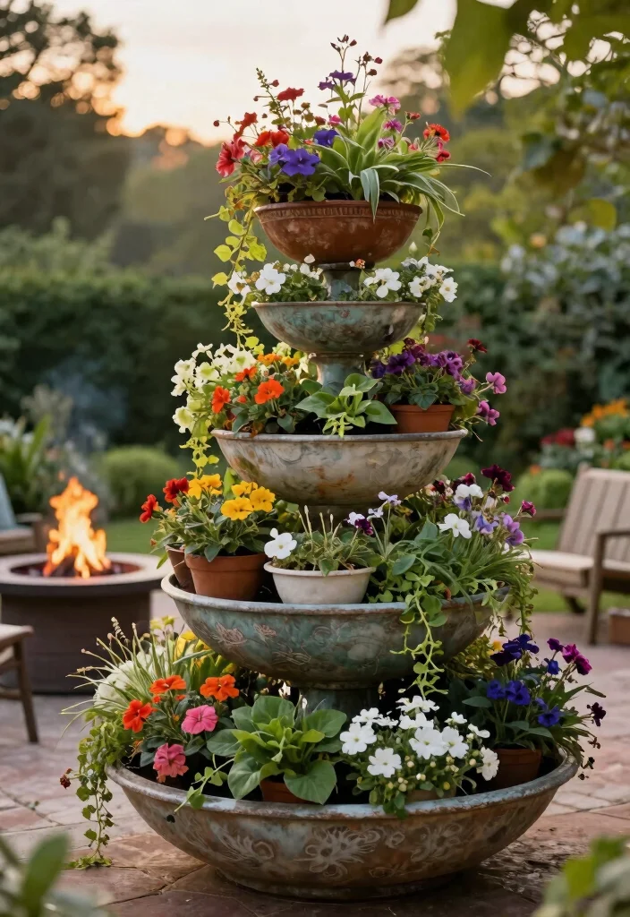 9 Clever Fire Pit Planter Ideas to Upcycle Old Bowls 8. A Vintage Tiered Planter 0