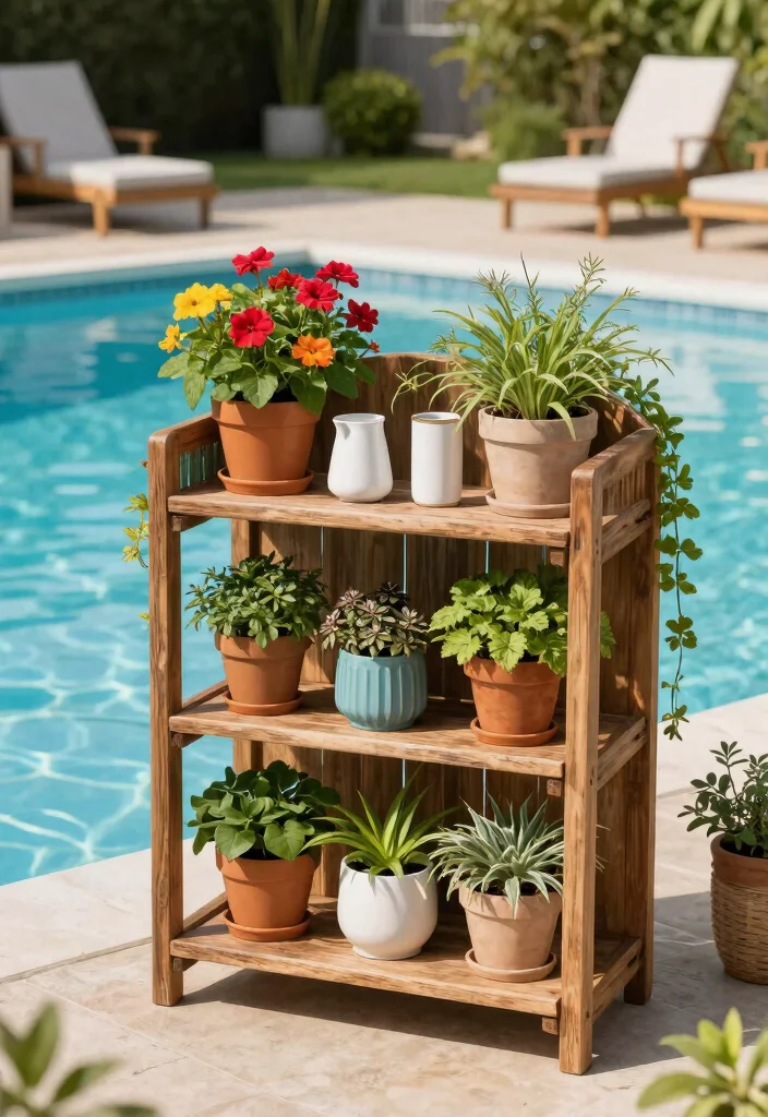 9 Clever Pool Shelf Ideas Above Ground Hold Your Drinks 5. Corner Shelf for Plants and Drinks 0