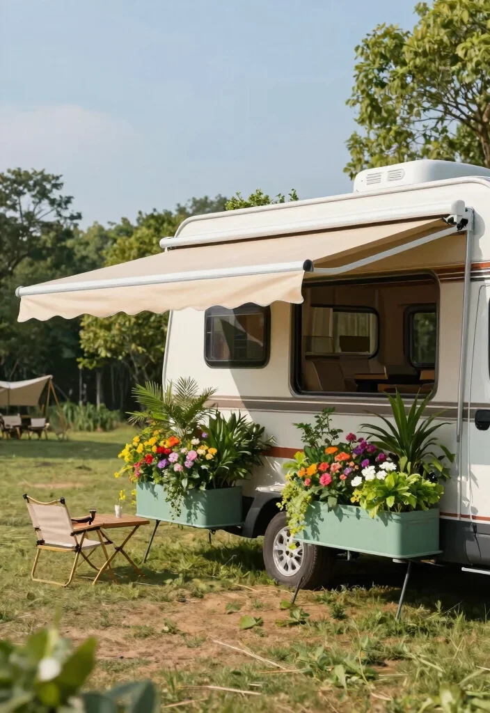 9 Clever Pop Up Camper Awning Ideas for Road Trips 2. Retractable Awning with Planters 0