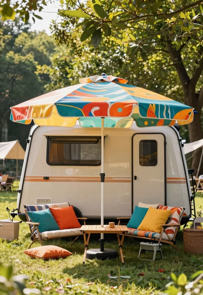 9 Clever Pop Up Camper Awning Ideas for Road Trips 6. Colorful Umbrella Awning 0