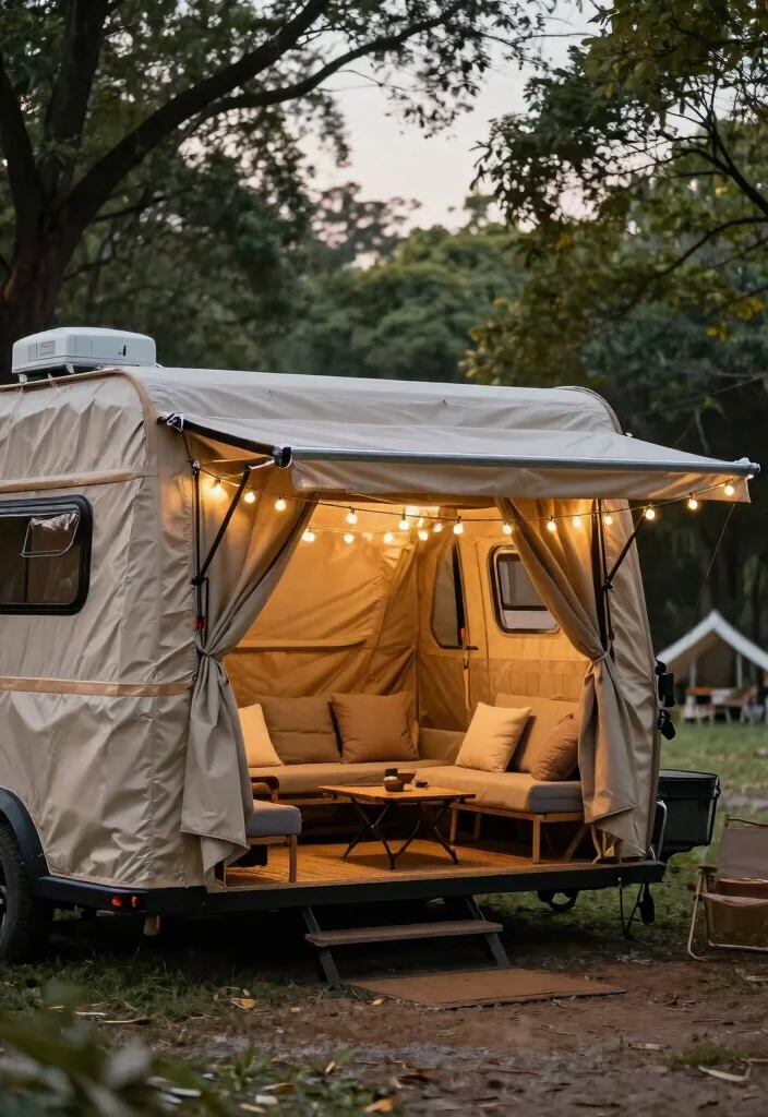 9 Clever Pop Up Camper Awning Ideas for Road Trips 7. Functional Awning with Side Walls 0