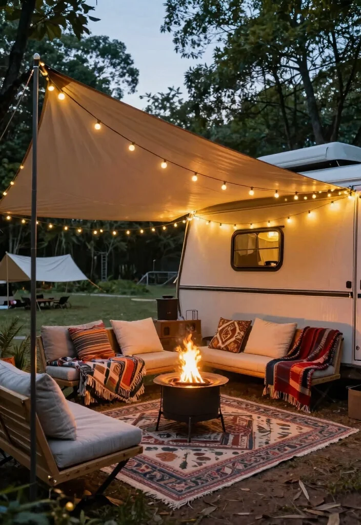 9 Clever Pop Up Camper Awning Ideas for Road Trips 9. Cozy Lounge Awning Setup 0
