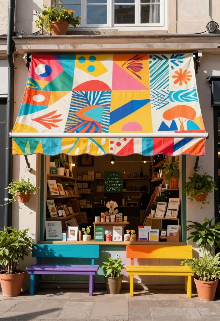 9 Eye Catching Shop Awning Ideas Boost Curb Appeal 2. Textile Awning with Bold Patterns 0
