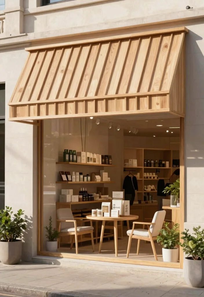 9 Eye Catching Shop Awning Ideas Boost Curb Appeal 6. Minimalist Wooden Slatted Awning 0