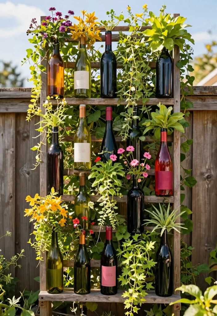 9 Fun Wine Bottle Planter Ideas for Your Outdoor Space 1. Vertical Wine Bottle Garden 0