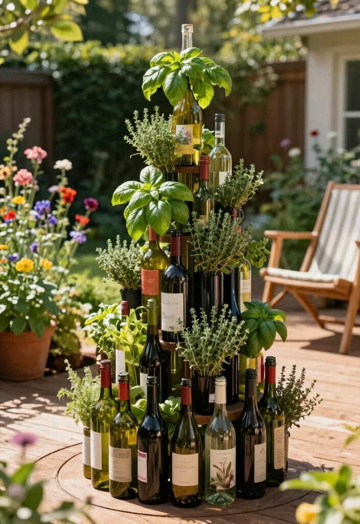 9 Fun Wine Bottle Planter Ideas for Your Outdoor Space 2. Wine Bottle Herb Spiral 0