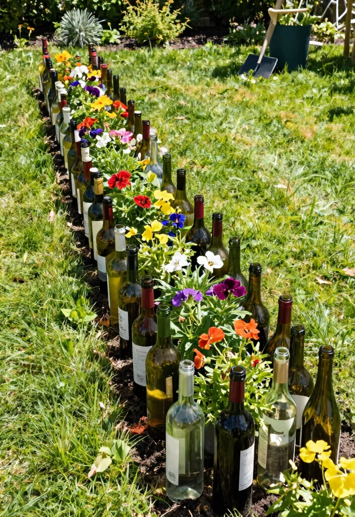 9 Fun Wine Bottle Planter Ideas for Your Outdoor Space 5. Wine Bottle Edge Garden 0