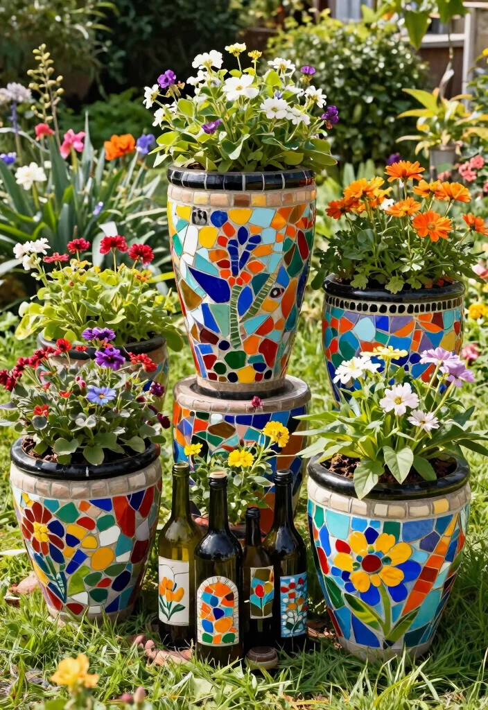 9 Fun Wine Bottle Planter Ideas for Your Outdoor Space 8. Wine Bottle Mosaic Planters 0