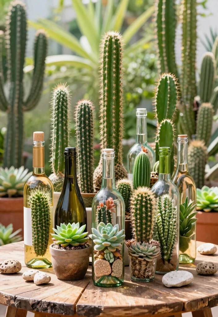 9 Fun Wine Bottle Planter Ideas for Your Outdoor Space 9. Wine Bottle Cactus Garden 0
