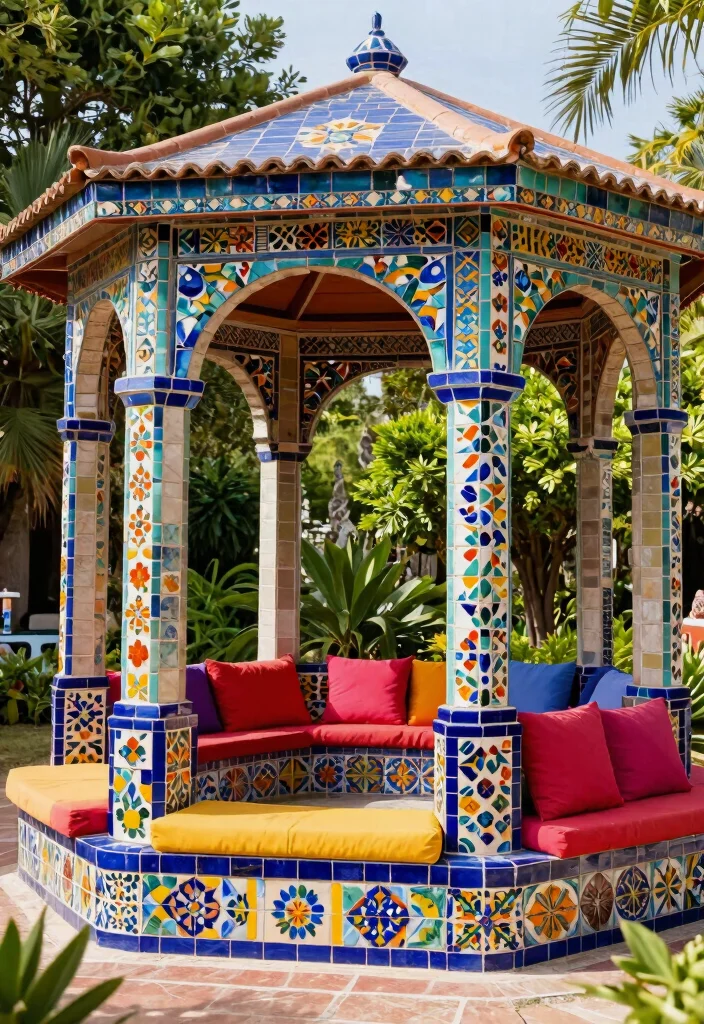 9 Lush Mediterranean Gazebo Ideas Tuscan Style 6. Colorful Mosaic Gazebo 0