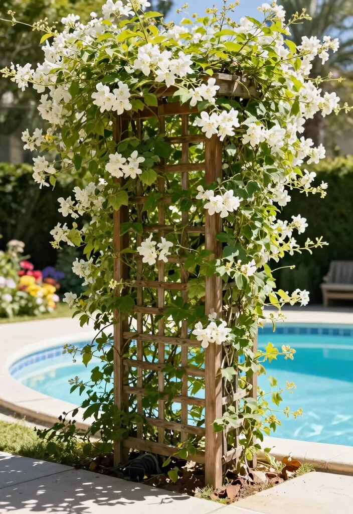 9 Practical Above Ground Pool Filter Ideas Hide the Mess 3. Trellis with Climbing Vines 0